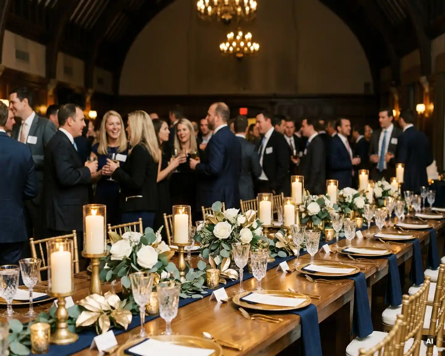 Feestelijk gedekte bankettafel met bloemstukken en kaarslicht tijdens een zakelijk bedrijfsevenement, collega's op de achtergrond.