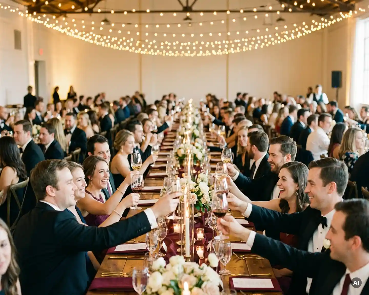 Feestelijk geklede collega's proosten aan versierde banquettafels in een sfeervolle evenementenhal met gouden lichtjes.