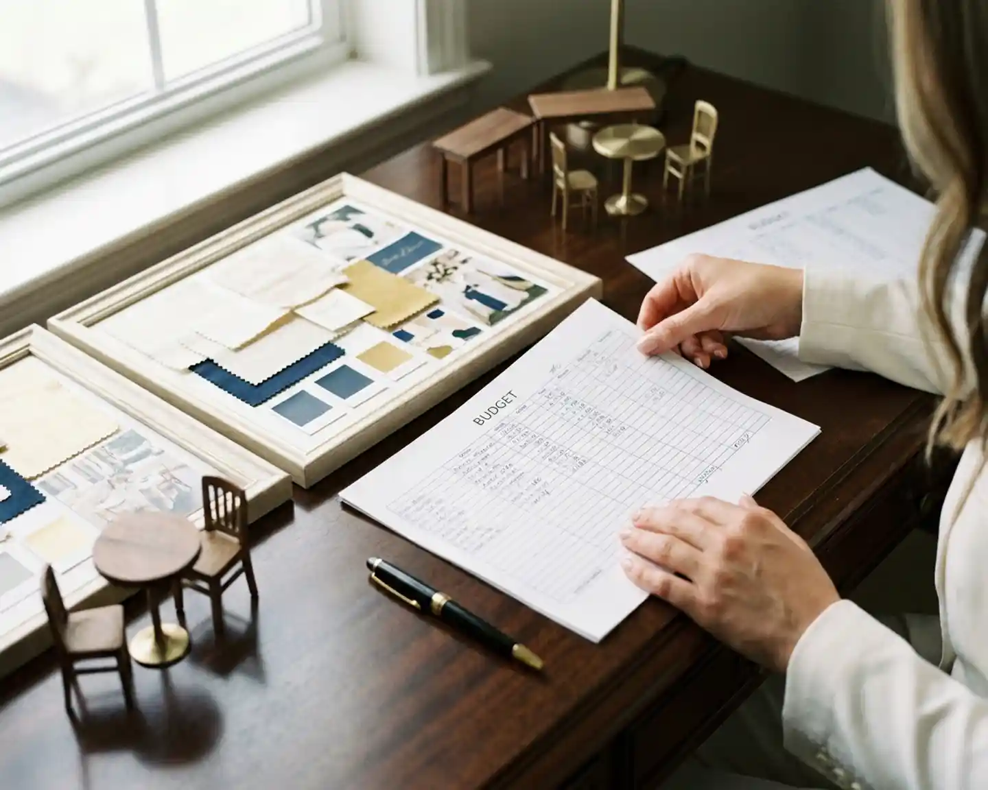 Handen van een eventplanner die een budgetspreadsheet schikken naast moodboards, miniatuur decorstukken en een pen op een houten bureau.