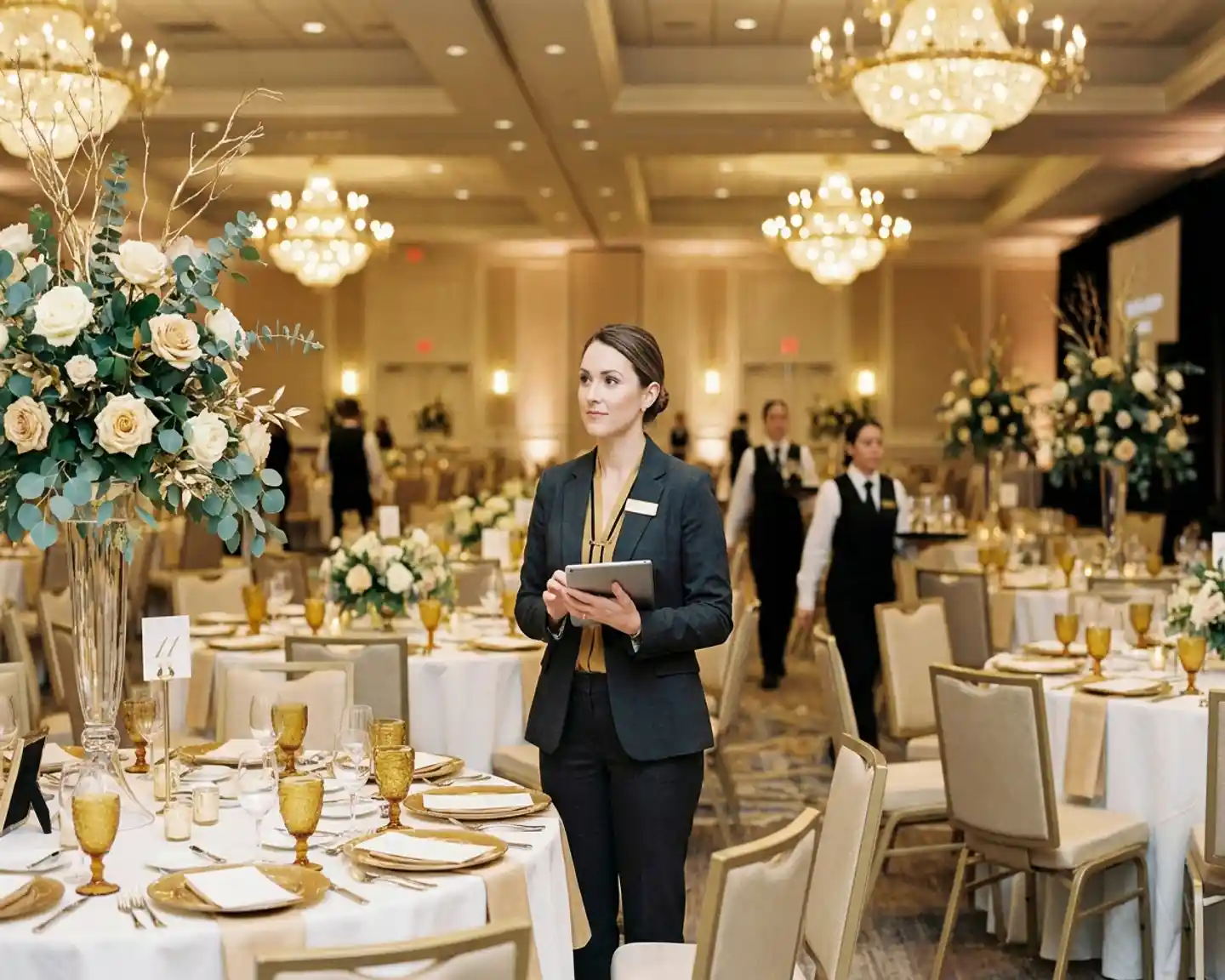 Eventcoördinator overziet elegante bedrijfsgala-zaal met witte tafels, bloemstukken en gloeiende kroonluchters.