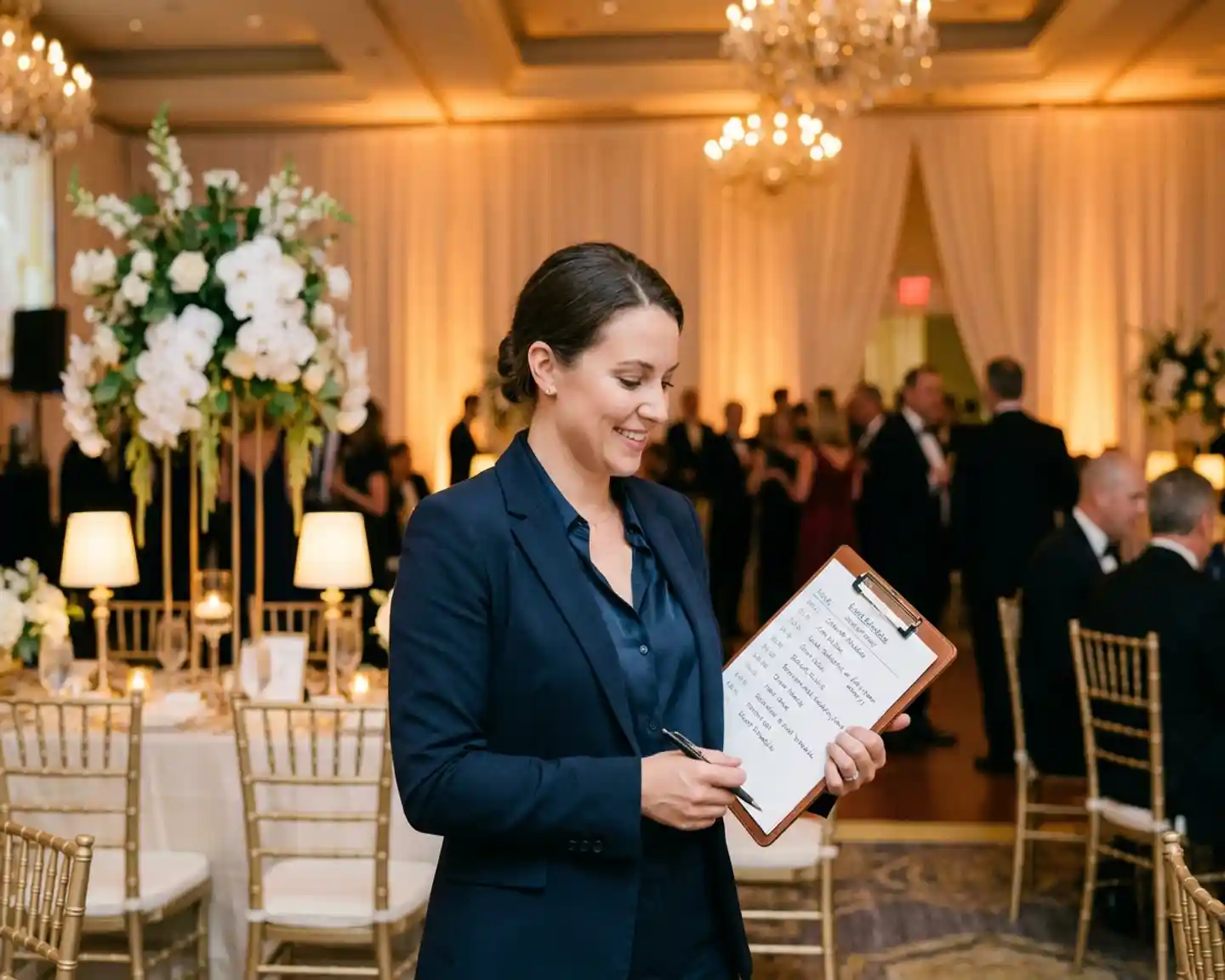 Eventplanner bekijkt schema op klembord in feestelijk ingerichte corporate gala-zaal met bloemen, gouden verlichting en ivoren gordijnen.