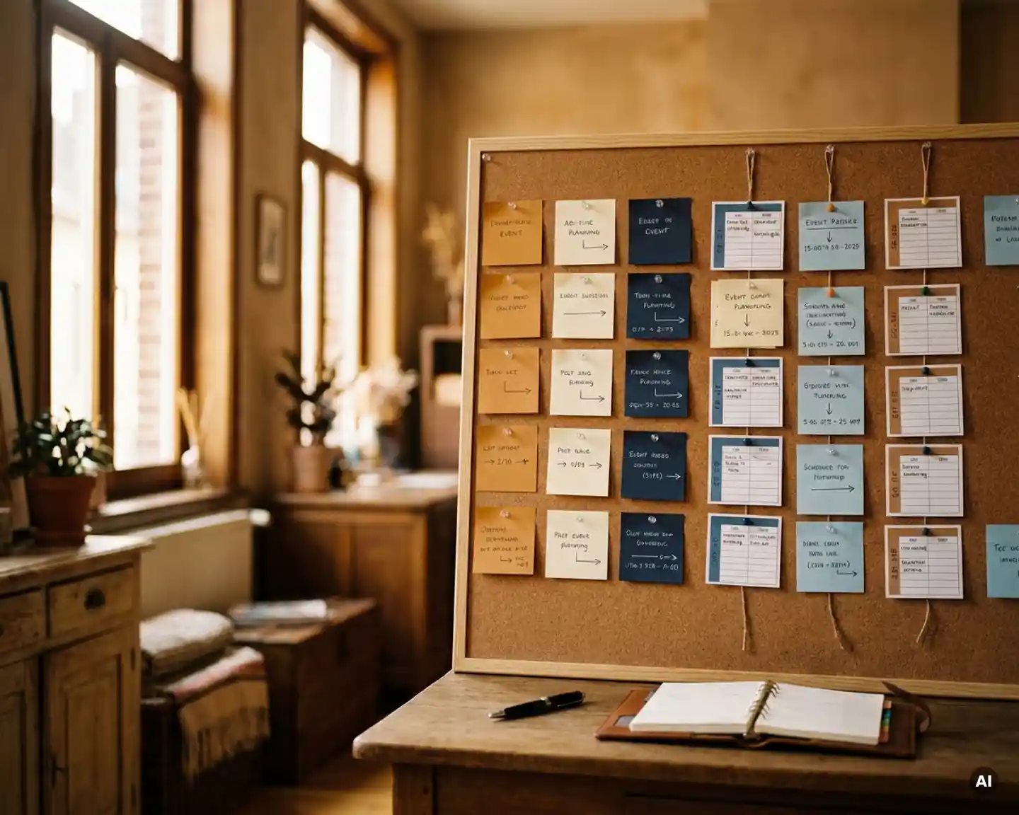 Gedetailleerde evenementenplanning op kurkbord met kleurrijke sticky notes en agenda, pen en planner in warm Antwerps kantoorlicht.