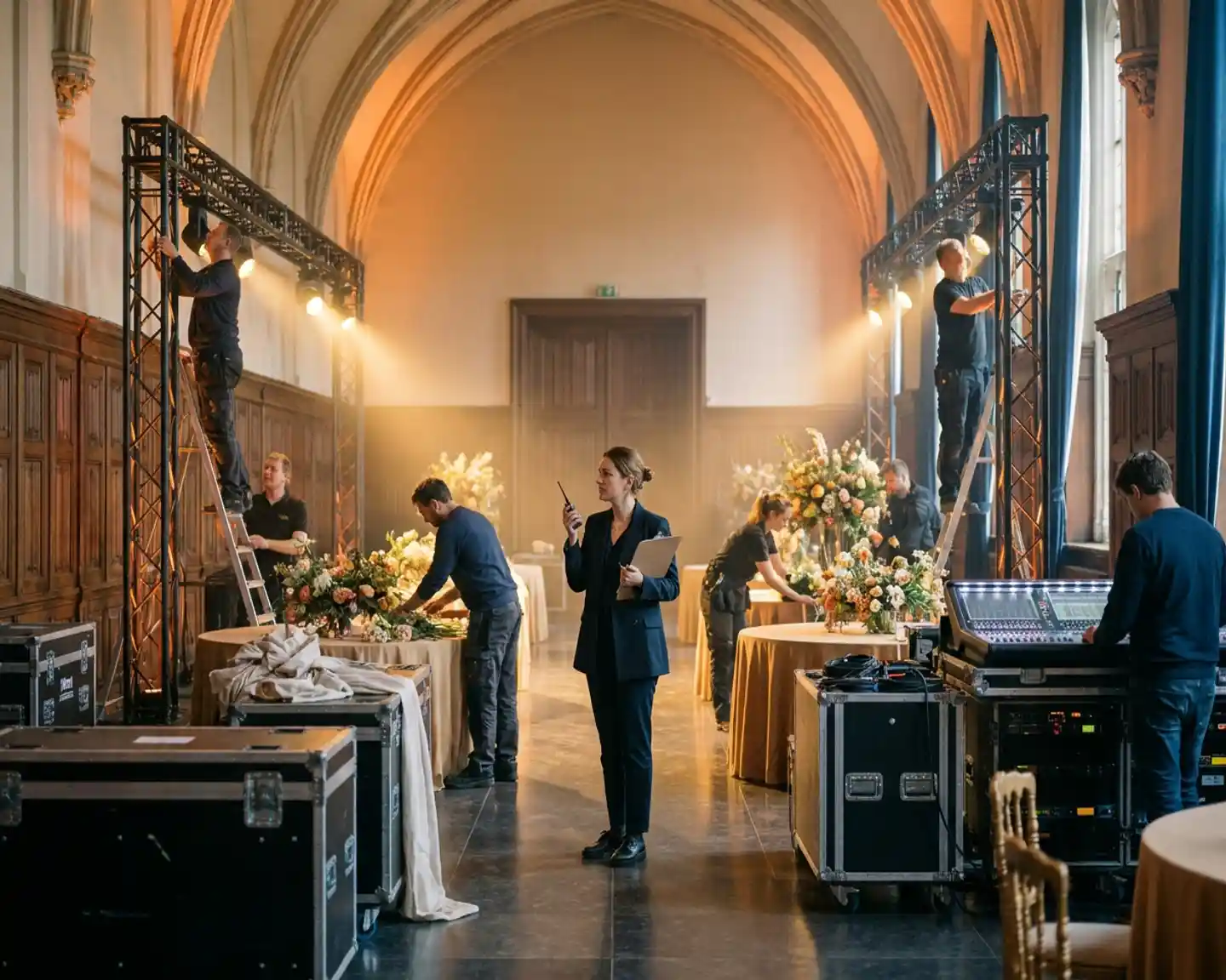 Eventcoördinator in het midden van een elegante Belgische feestzaal, omringd door crew die verlichting, bloemen en audio regelt, warme amberkleurige sfeer.