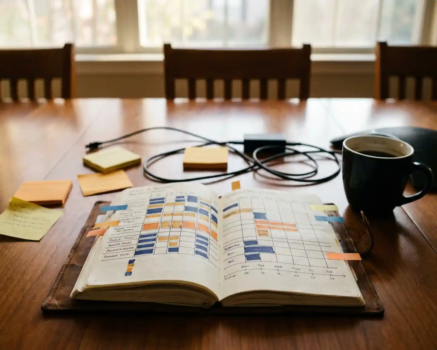 Opengeslagen notitieboek met kleurgecodeerde tijdlijnen en planningsoverzichten, omringd door sticky notes en een koffiekop op een vergadertafel.
