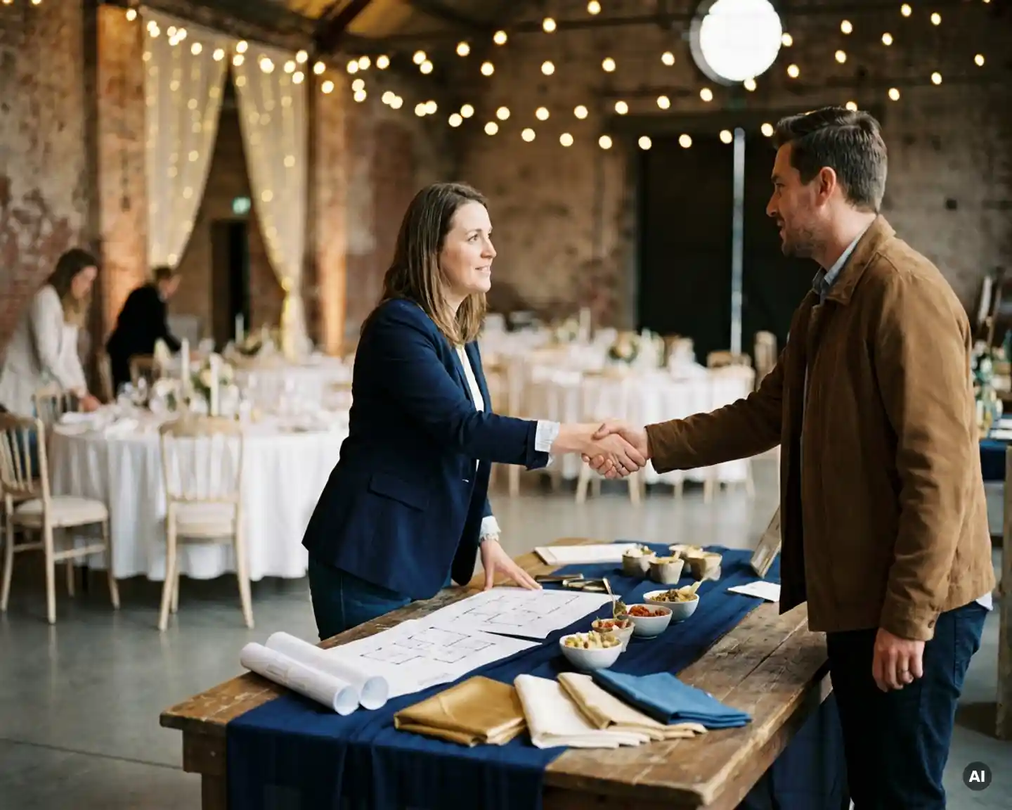 Eventplanner en leverancier schudden handen boven tafel met plattegronden, cateringproeven en stoffalen in Antwerps evenementlocatie.