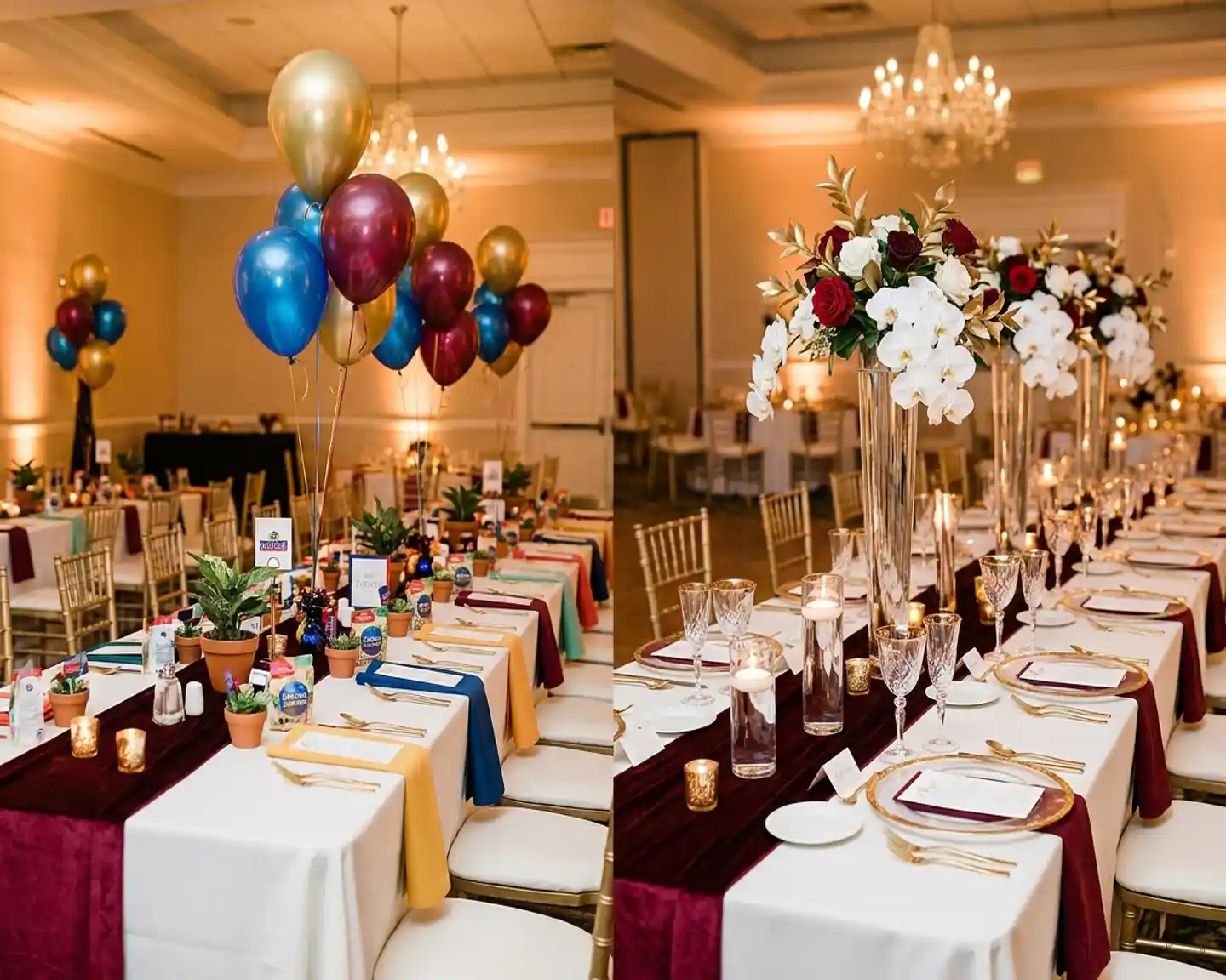 Feestelijk gedekte banquettafel met kleurrijke ballonnen aan één kant en elegante bloemstukken met premium glaswerk aan de andere kant, in warme kaarslichtsfeer.