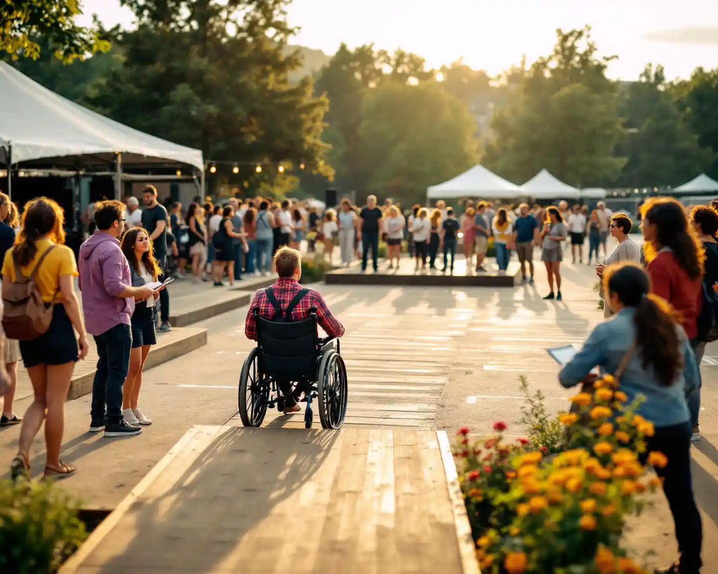 Diverse groep mensen bij toegankelijk buitenevenement met rolstoelgebruiker, hellingen en gebarentolk bij podium