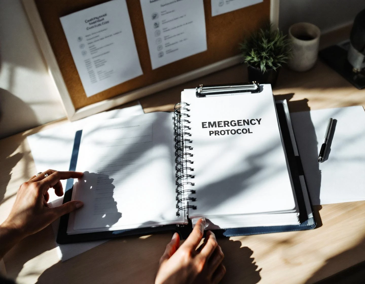 Professionele eventplanner aan bureau met noodprotocol handboek, contingentieplannen en smartphone met weeralarm