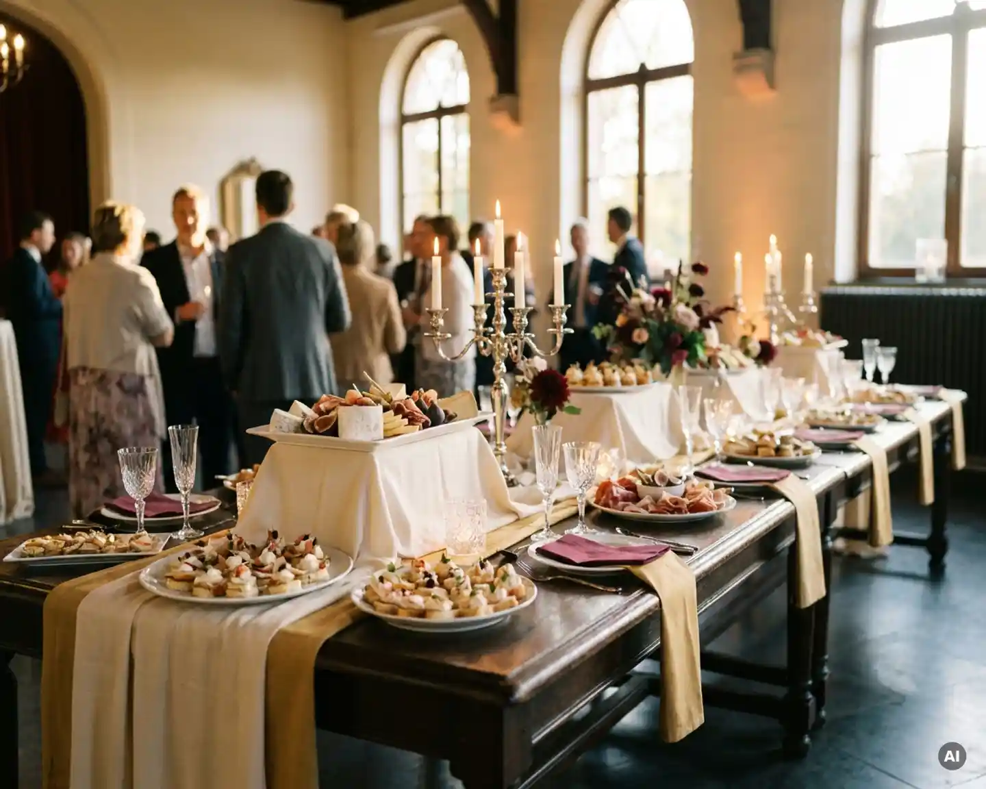 Elegant gedekte banquettafel met gourmetgerechten, charcuterie en canapés in een Belgische feestzaal met kaarslicht en gouden tinten.