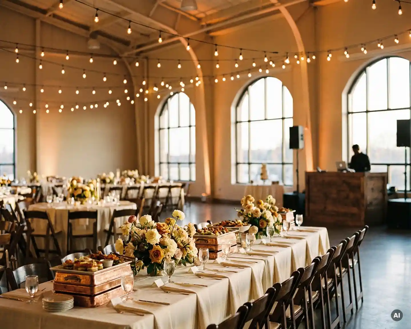 Feestelijk gedekte banquettafel met bloemstukken en slingerverlichting in een stijlvolle evenementenhal voor een bedrijfsfeest.
