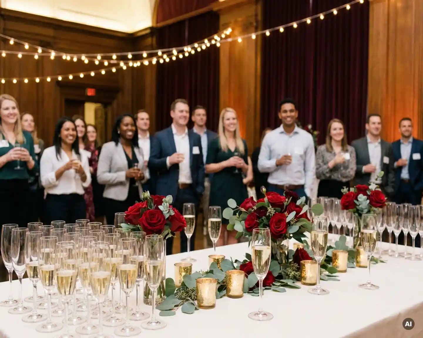 Feestelijke bedrijfsborrel met champagneglazen, bloemstukken en kaarslicht in een feestzaal met slingerverlichting.