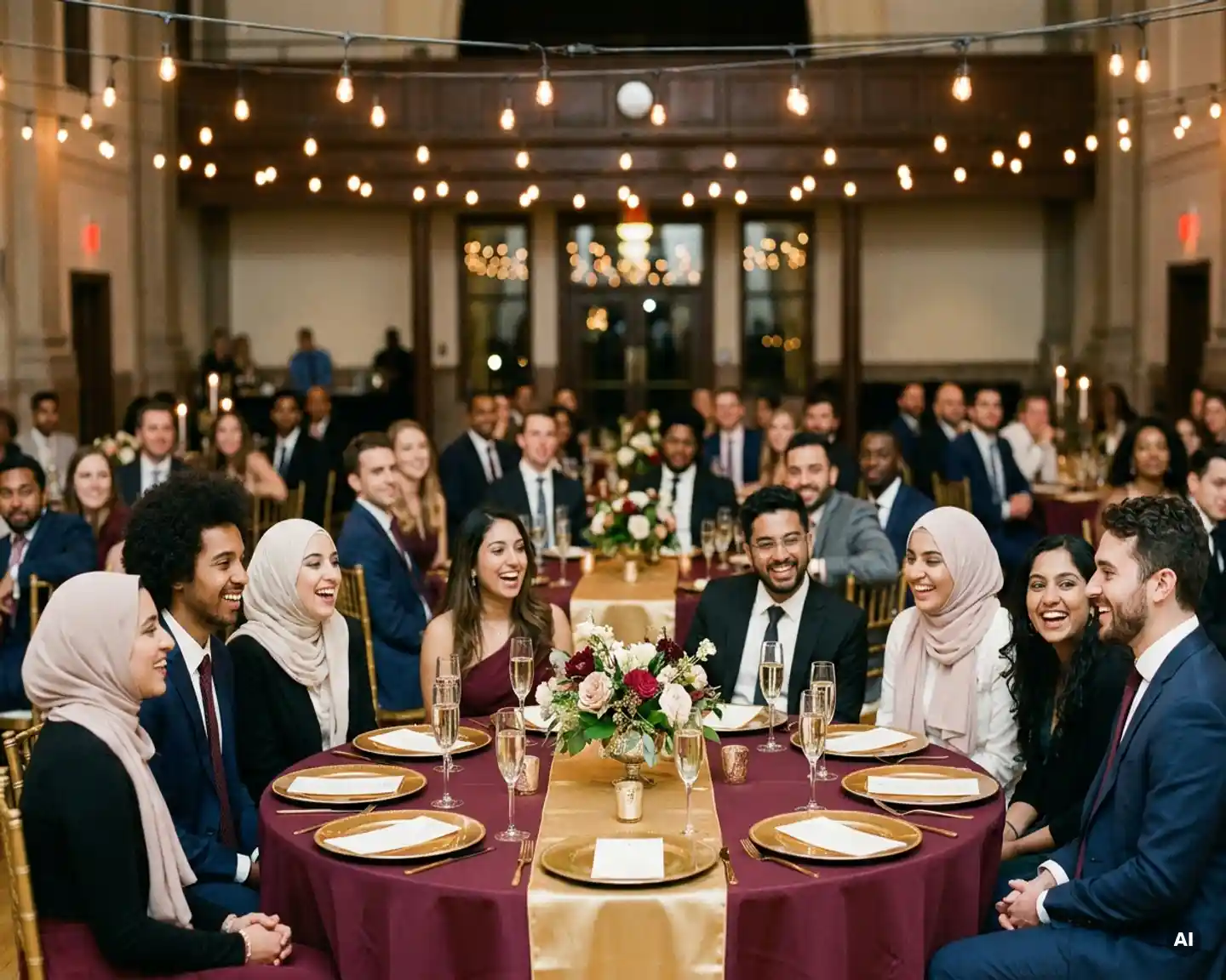 Diverse collega's lachen en mingelen op een stijlvol bedrijfsfeest met slingerverlichting, bordeauxrode tafeldecoraties en champagneglazen.