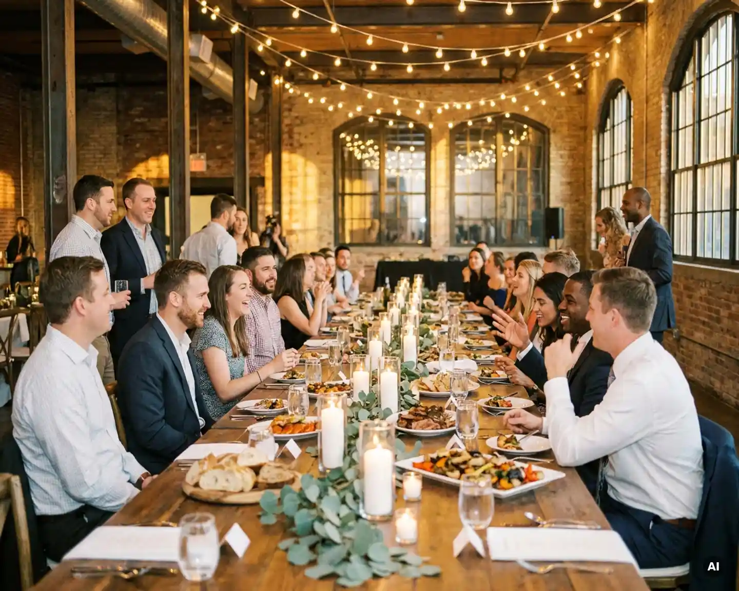 Collega's lachen samen aan een lange feesttafel met kaarsen, groen en gedeelde schalen in een sfeervol industrieel restaurant met lichtslingers.