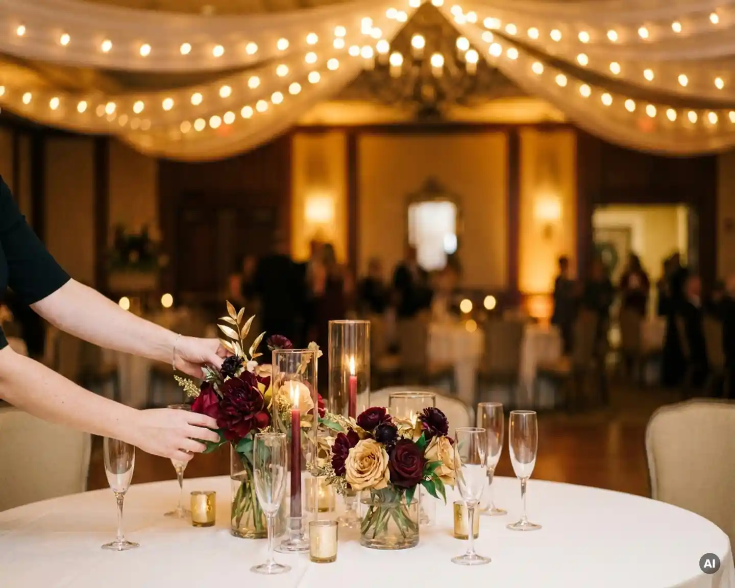 Eventplanner schikt elegante tafelstukken op ronde bankettafel met champagneglazen, bordeauxrode bloemen en gouden sfeerverlichting.