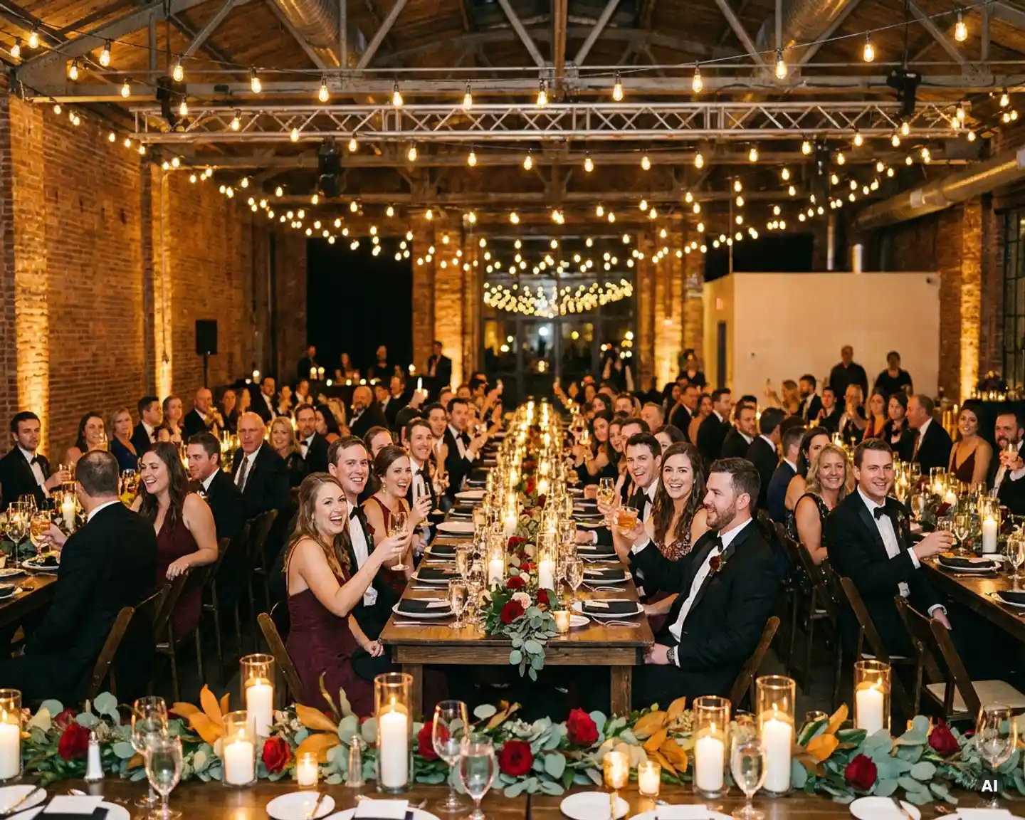 Feestelijk versierde banquettafels met kaarslicht en bloemen in een industrieel pakhuis tijdens een personeelsfeest.