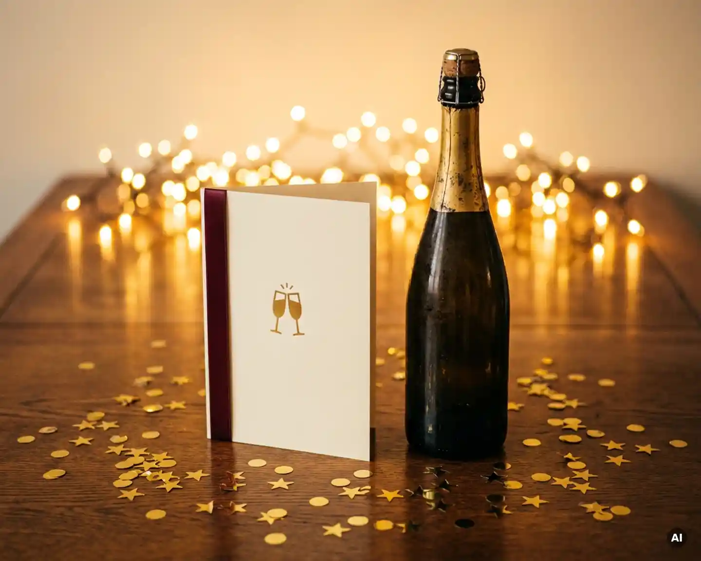 Vintage champagnefles en modern evenementenprogramma op donker eiken tafel met gouden confetti en warme fairy lights op de achtergrond.