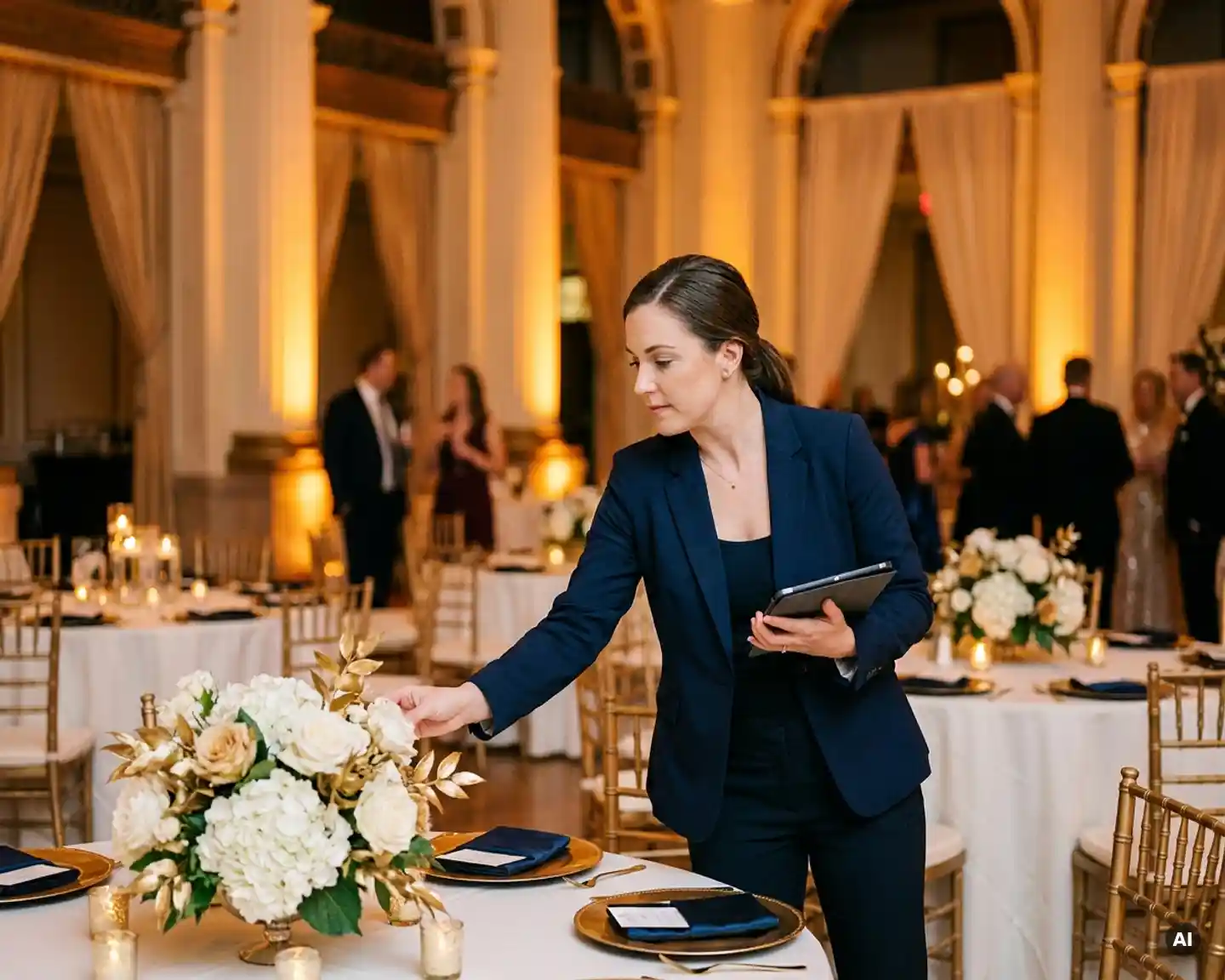 Eventcoördinator inspecteert elegante tafeldecoraties met witte linnen en bloemstukken in een feestzaal met gouden sfeerverlichting.