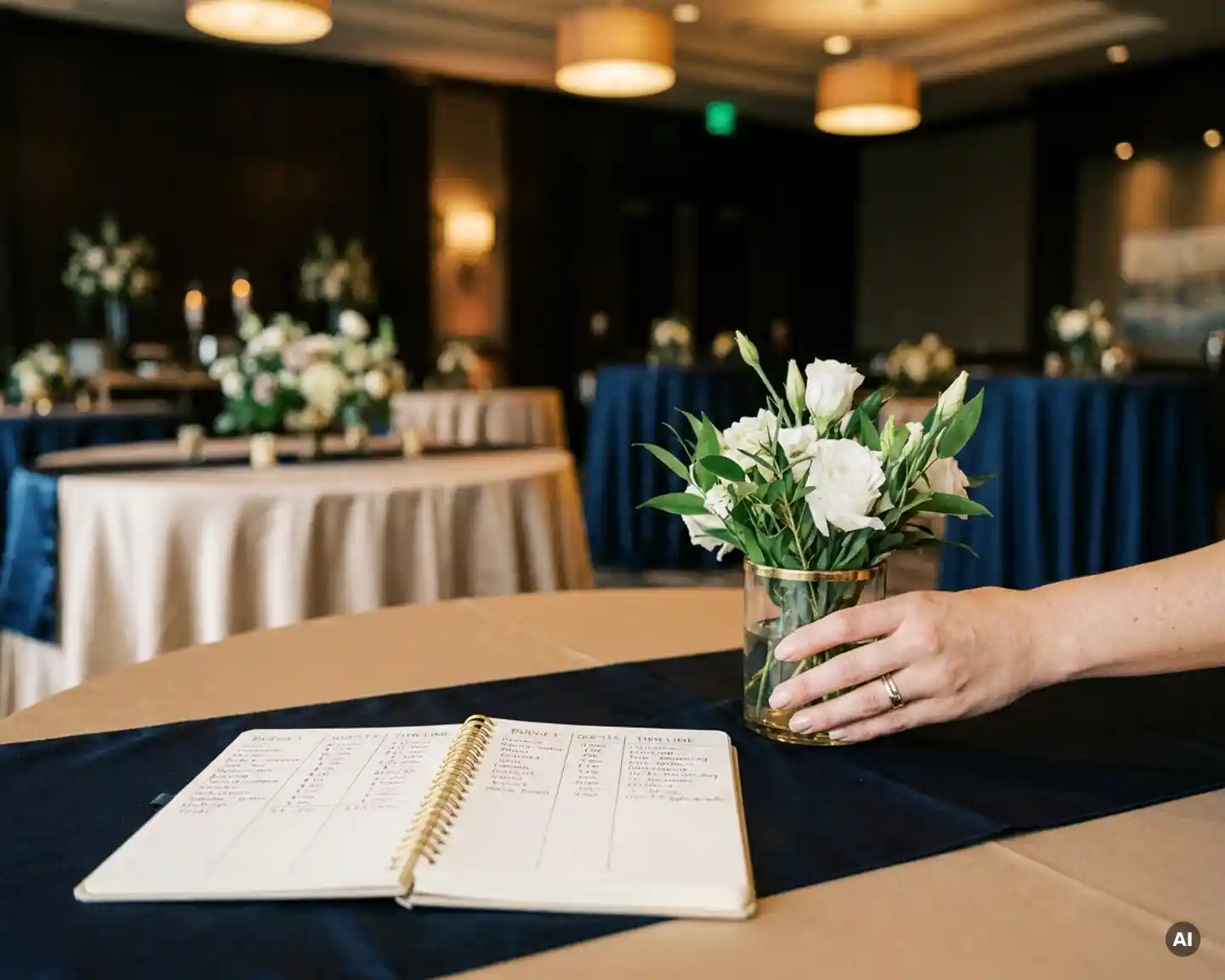 Eventplanner plaatst decoratief middenstuk naast notitieboek met budgetkolommen, elegante tafeldecoratie op de achtergrond.