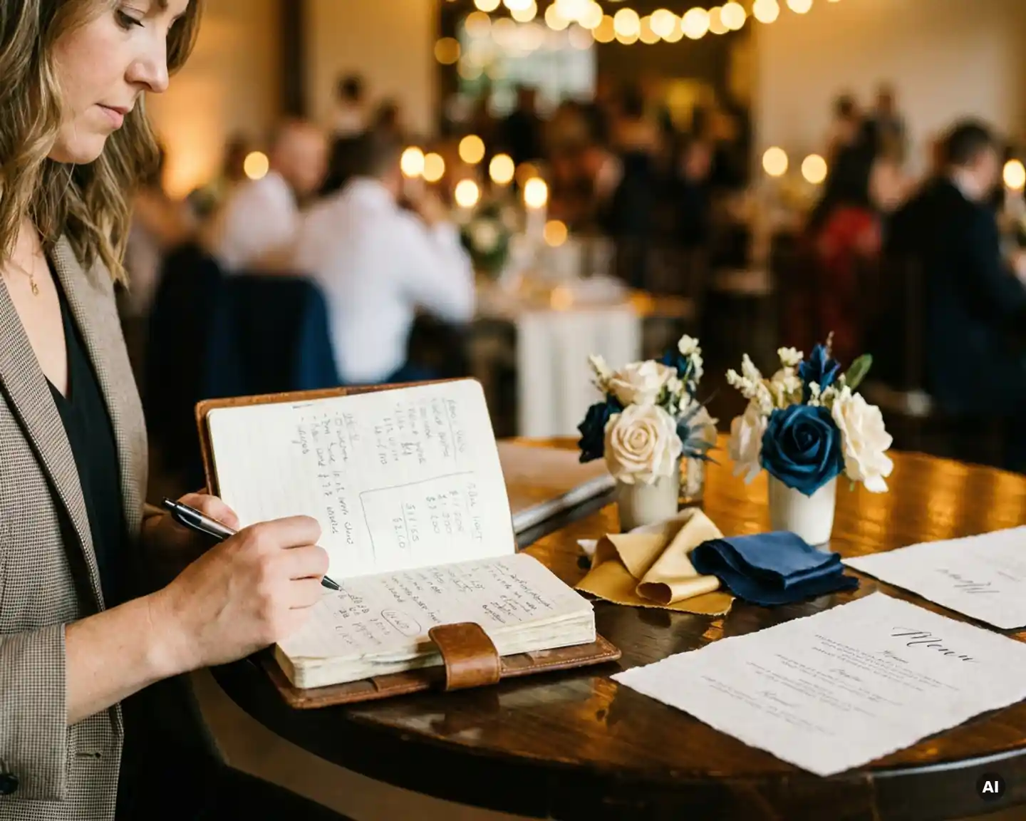 Eventplanner bekijkt budgetnotitie­boek naast bloemstukken, stofstalen en cateringmenu's op houten tafel met warme gouden verlichting.