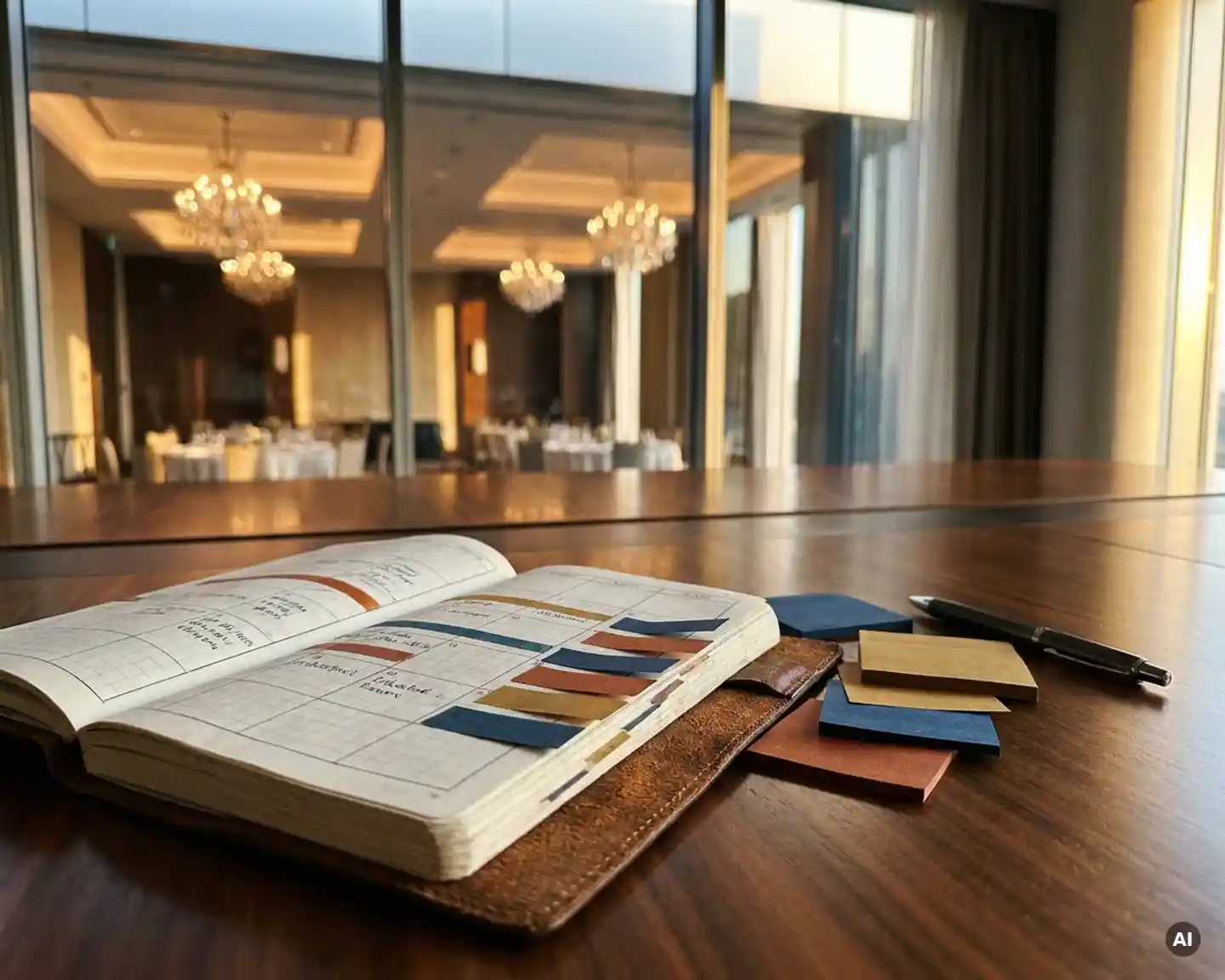 Leren evenementenplanner open op tijdlijnpagina met kleurgecodeerde sticky notes en pen op conferentietafel, elegant venue op achtergrond.