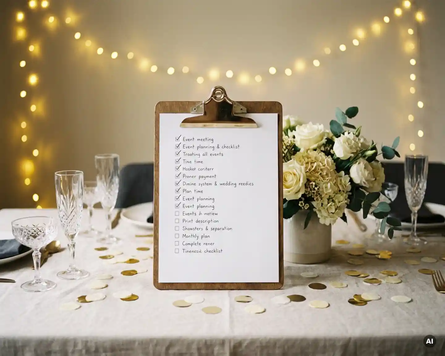 Evenementenplanning checklist op klembord tussen champagneglazen, confetti en bloemstukken met gouden sfeerverlichting op de achtergrond.