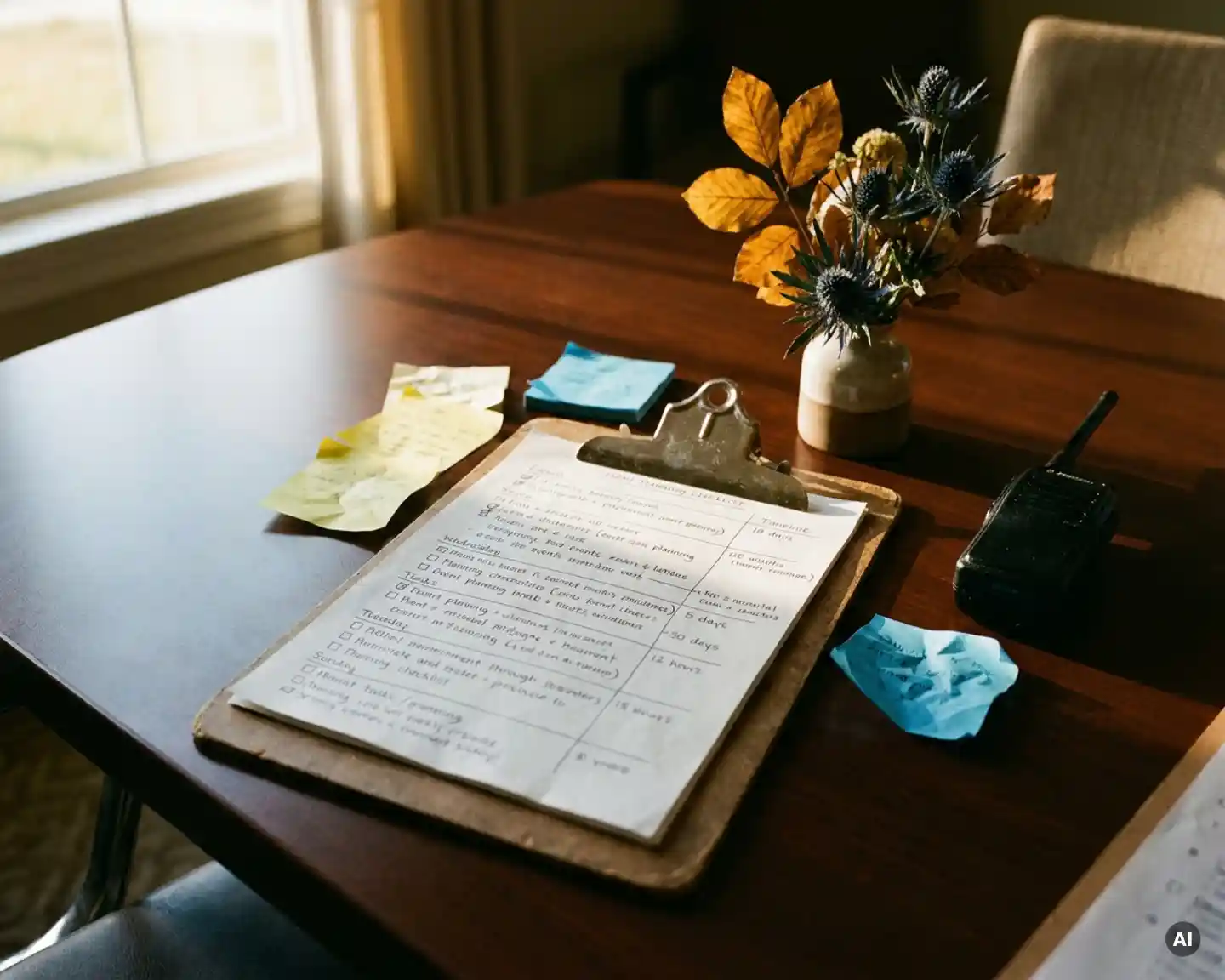 Gedetailleerde evenementenplanning checklist op klembord, omringd door sticky notes, walkietalkie en bloemstuk op conferentietafel.