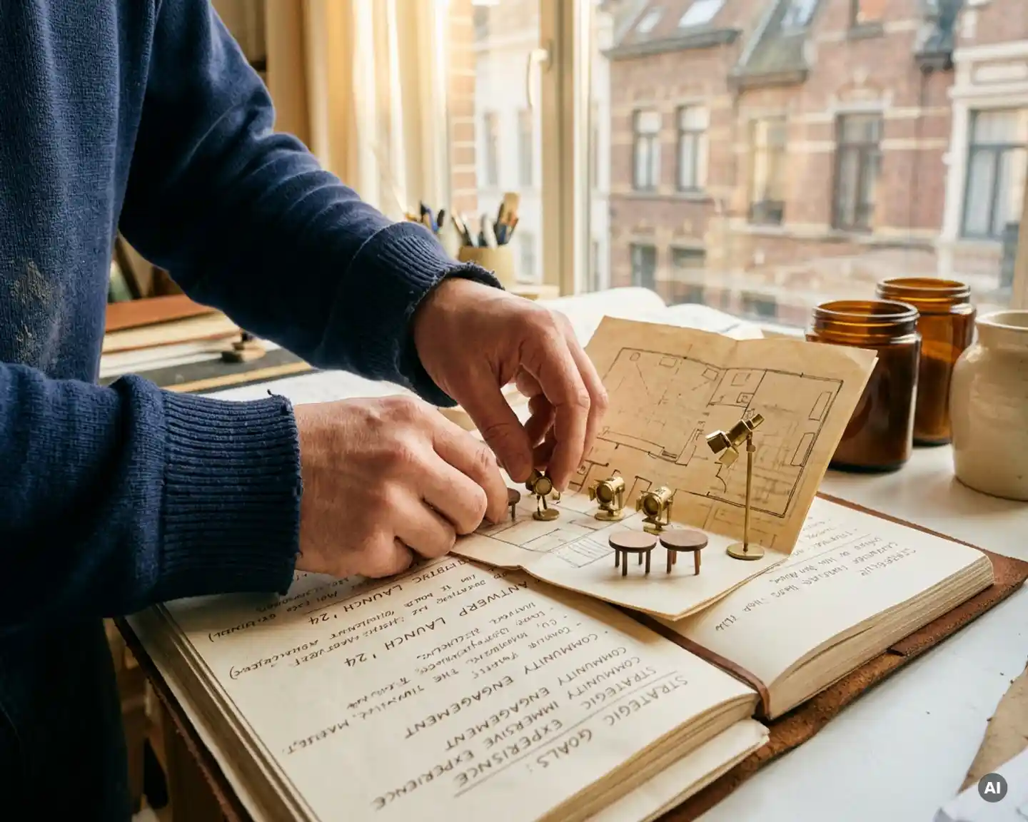 Creatief directeur schikt miniatuur podiumlampen en tafeltjes op een notitieboek met strategische doelen in een Antwerps studio.