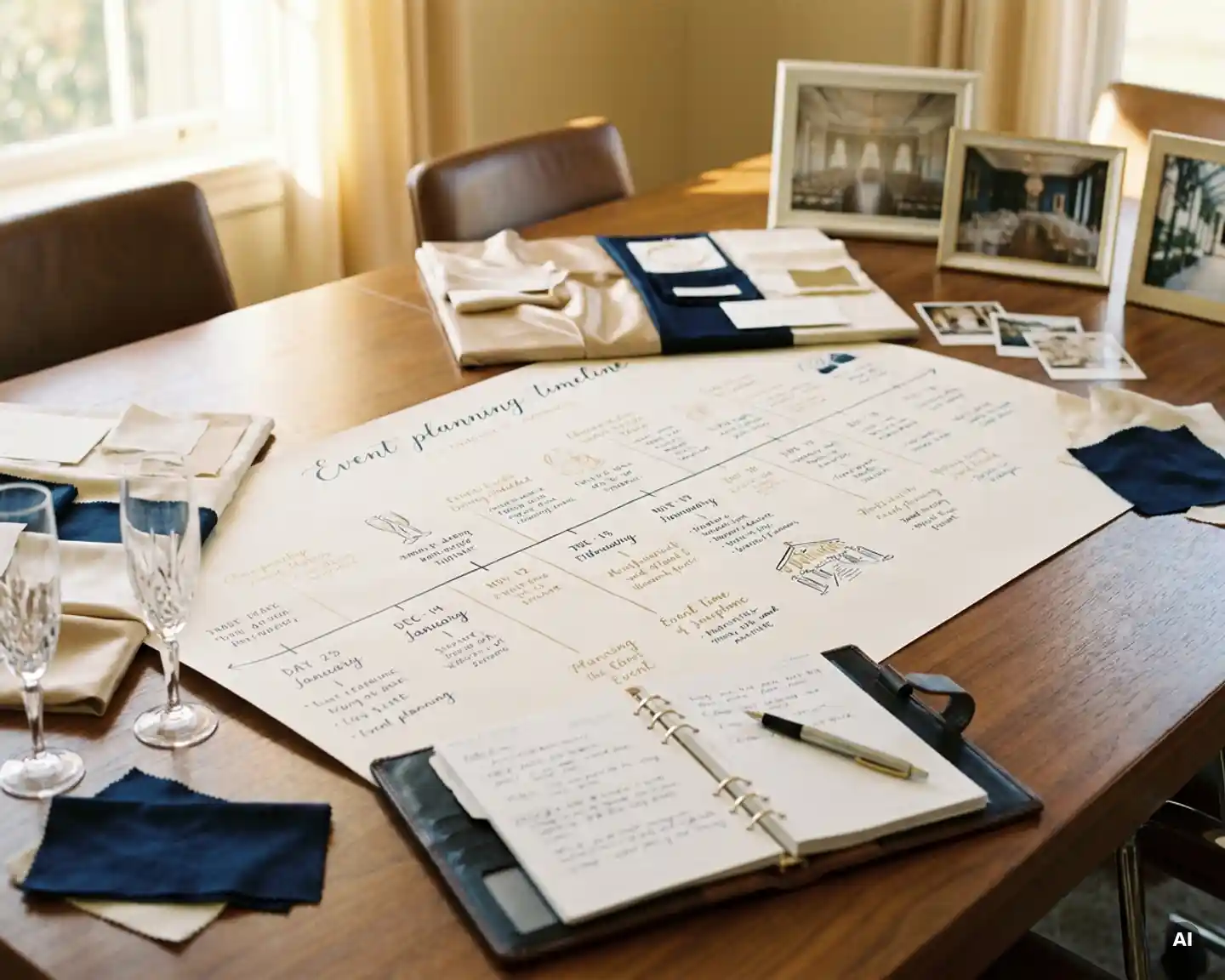 Gedetailleerde evenementenplanning tijdlijn op houten tafel met moodboards, locatiefoto's en opengeslagen agenda in warm goudlicht.