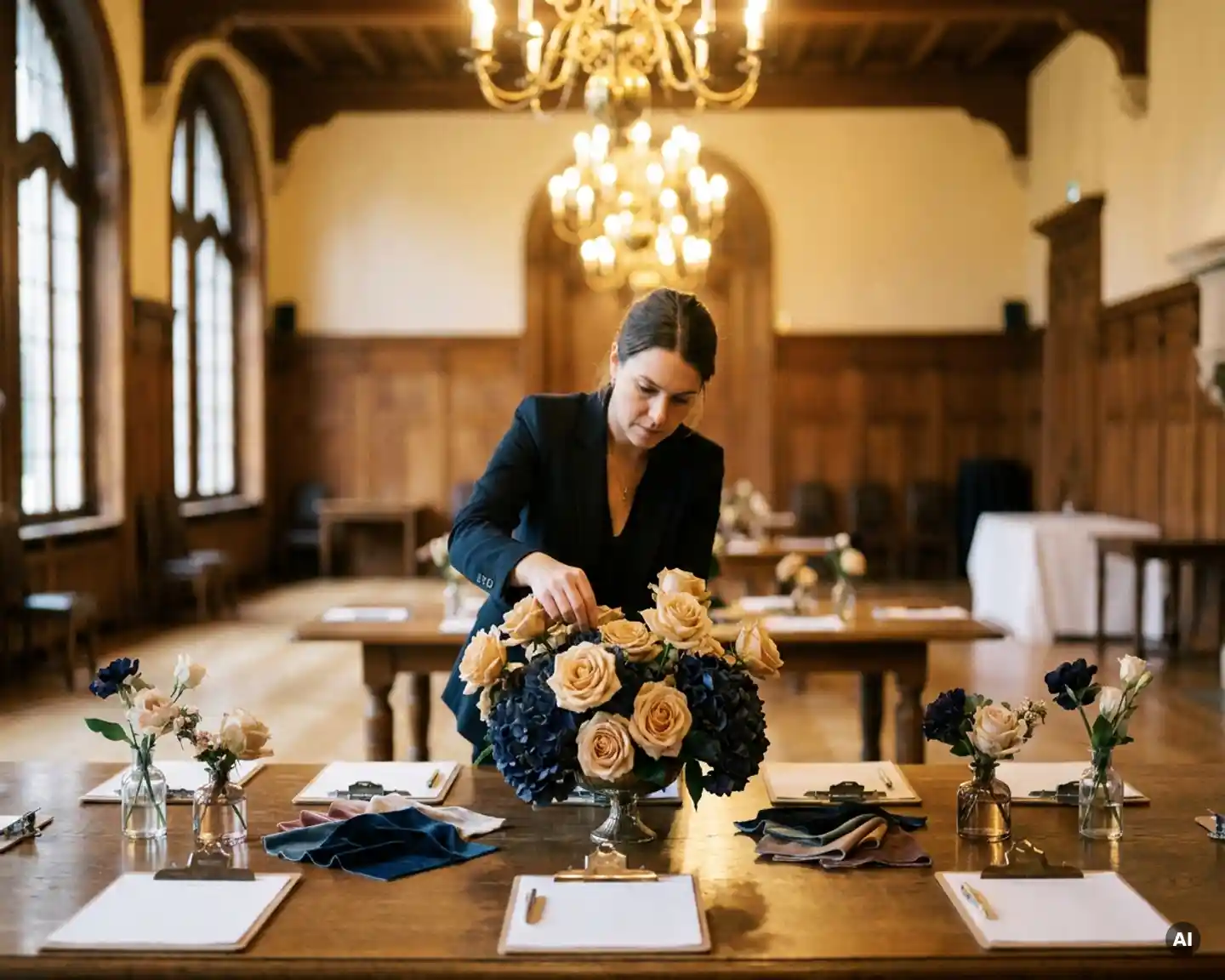 Professionele eventplanner schikt elegante tafeldecoraties in Belgische feestzaal met gouden kroonluchters, stofstalen en bloemstukken.