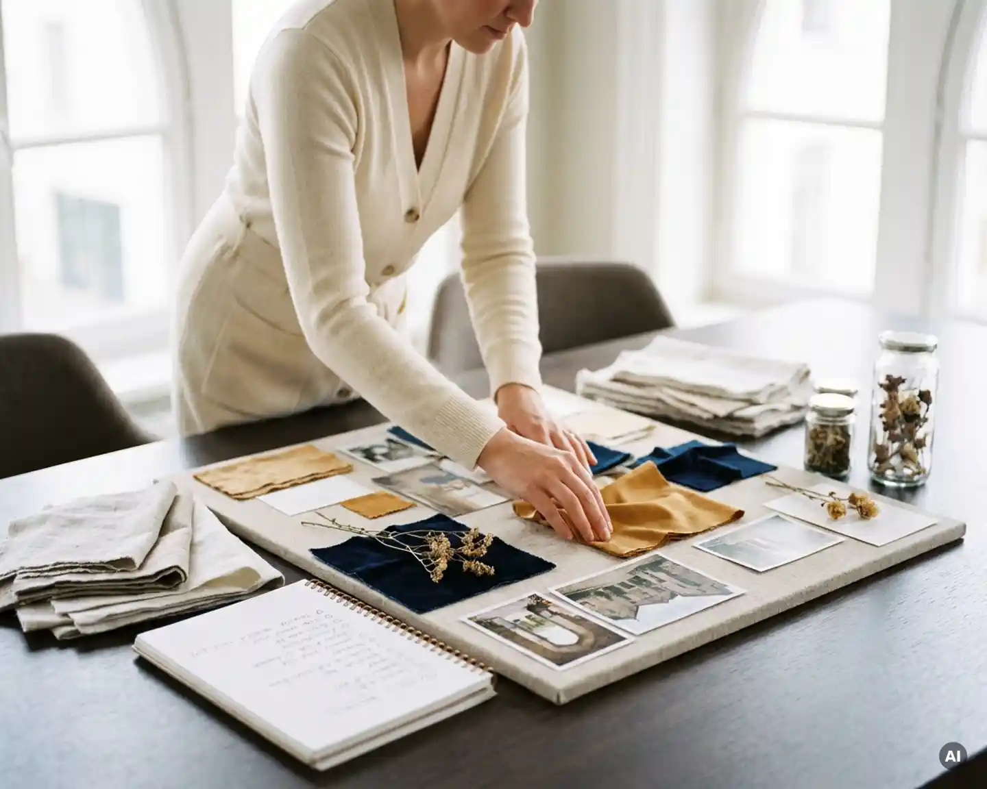 Eventplanner spreidt moodboard uit op vergadertafel met stoffen, bloemstalen en checklist, warm Belgisch raamlicht.
