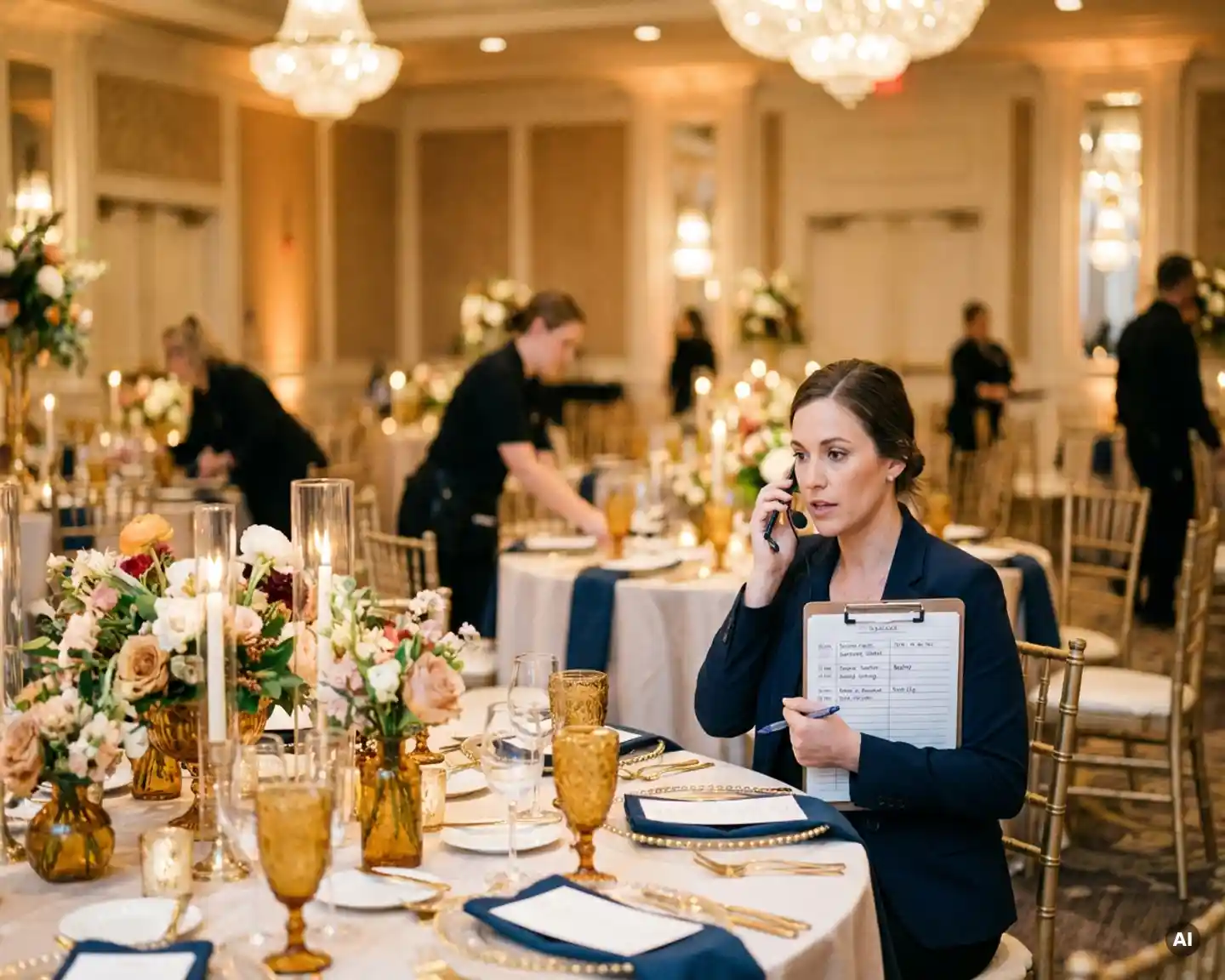 Professionele eventplanner organiseert last-minute bedrijfsgala met bloemstukken, elegante tafeldecoraties en klembord in gouden licht.