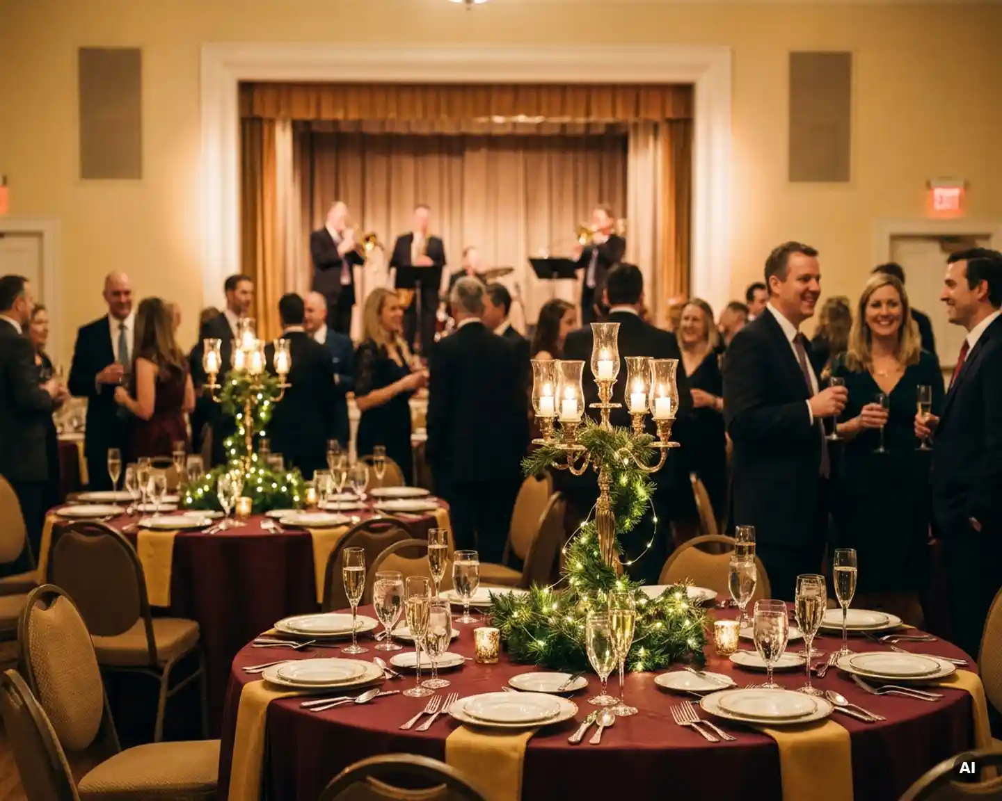 Feestelijk ingerichte bedrijfsfeestzaal met ronde tafels voor 100 gasten, champagneglazen en live band op het podium.