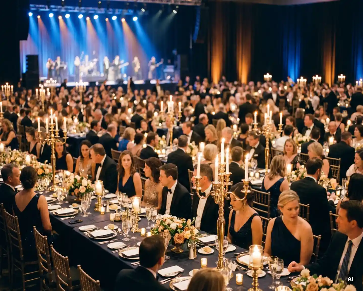 Feestelijke bedrijfsgala met 500 medewerkers in elegante zaal, banquettafels met gouden centerpieces en kaarslicht, verlicht podium op achtergrond.