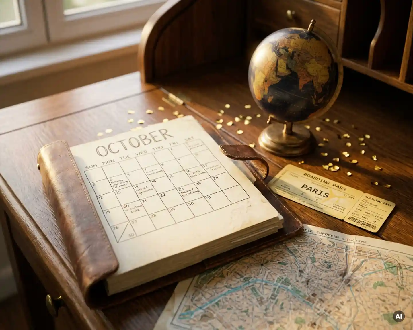 Opengeslagen leren agenda naast een vintage globe, instapkaart en Europese stadskaart op een eikenhouten bureau, verlicht door goudkleurig avondlicht.