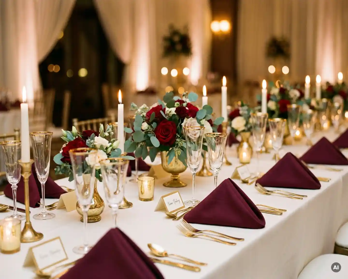 Elegante bankettafel voor bedrijfsfeest met kaarslicht, champagneglazen, bloemstukken en linnen servetten in bordeaux en goudtinten.